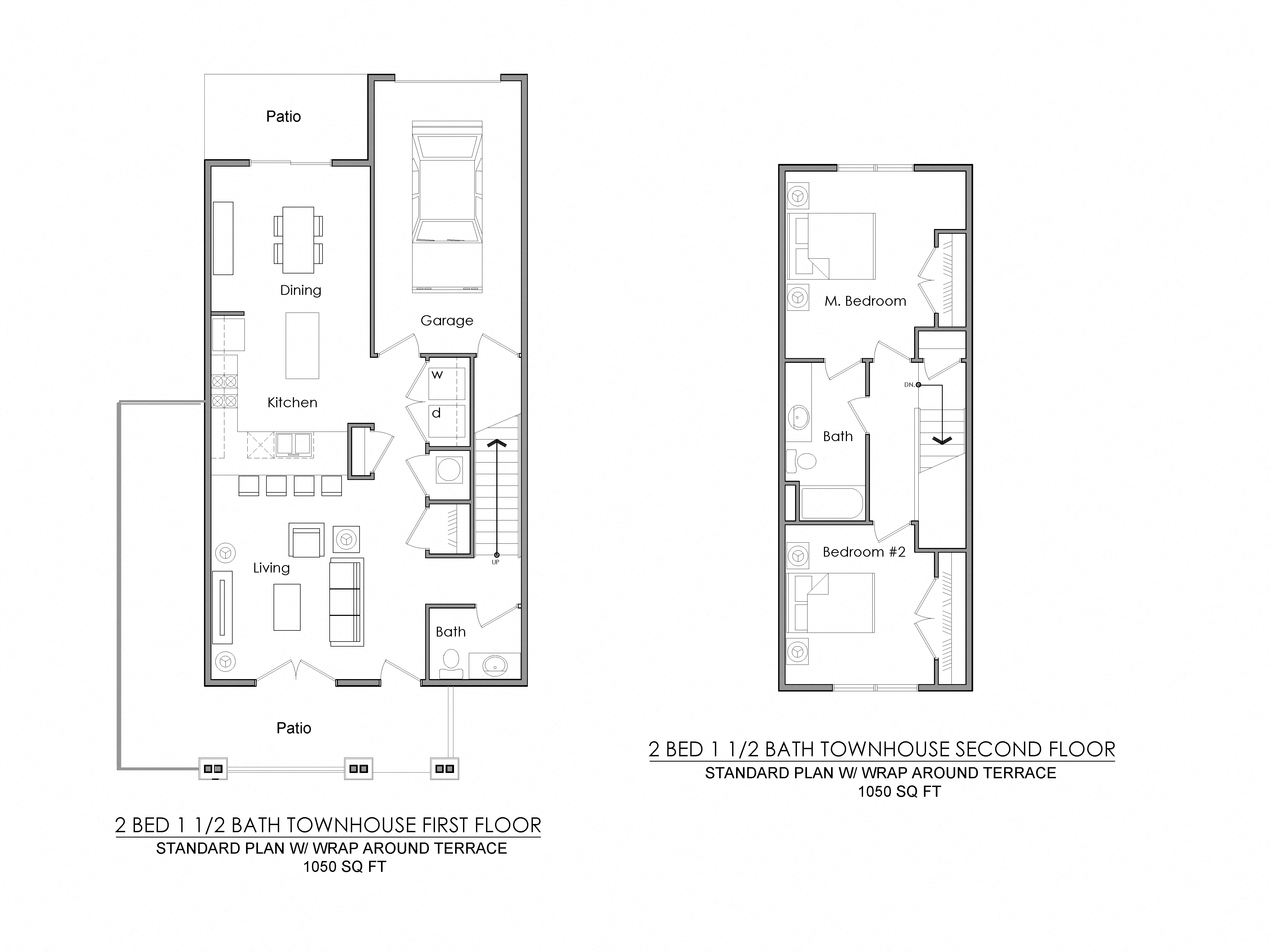 Floor plan for 2 beds, 1.5 baths, 1050 sqft